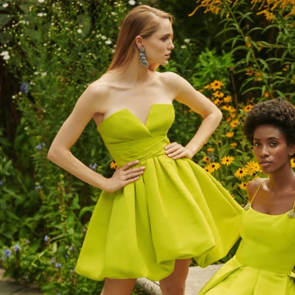 Sachin + Babi Maura Faille Strapless Bubble Skirt Dress in Chartreuse Size 6
